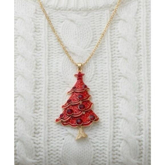 Betsey Johnson Christmas Tree Adj. Necklace Red Crystal Gold Chain BJ Charm - Picture 2 of 11